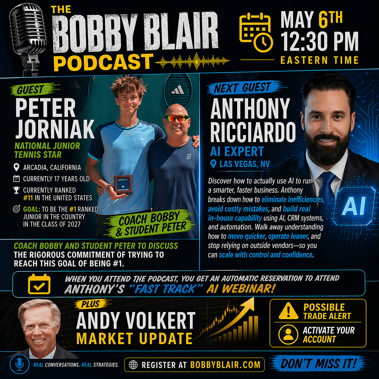 Bobby Blair Podcast — May 6 at 12:30 PM Eastern. Peter Jorniak featured May 6, Anthony Ricciardo weekly May 13 through June 10, plus Andy Volkert Market Update every episode.